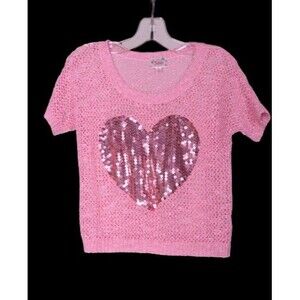 Justice Girl's 8 Pink Crochet Hollow Out Top Sweater Sequin Heart Short Sleeve